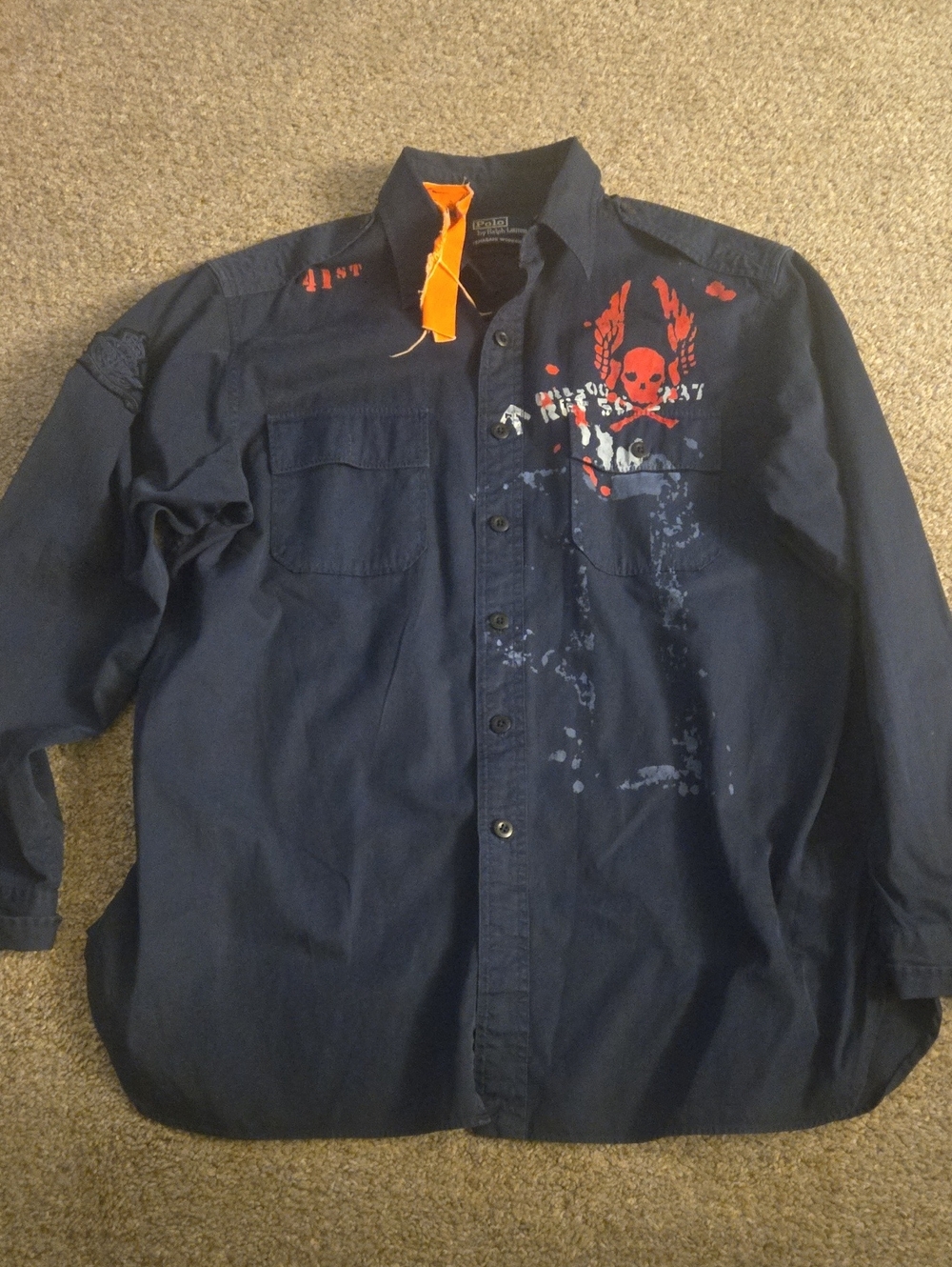 Polo by Ralph Lauren Navy Button-Down Shirt with Red Skull Graphic